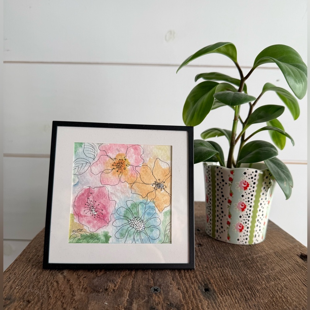 Watercolor original floral in 5x5 black frame
